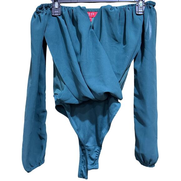 GUESS Bodysuit Blouse XS Green Long Sleeve Off Shoulder Y2K Minimalist Coquette - Picture 1 of 5